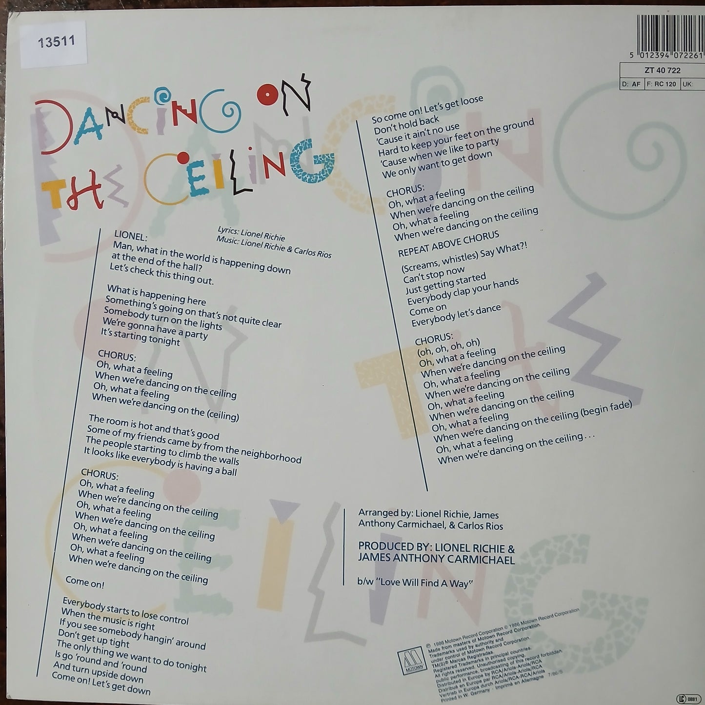 Lionel Richie Dancing on the Ceiling Maxi De Epoca VG+