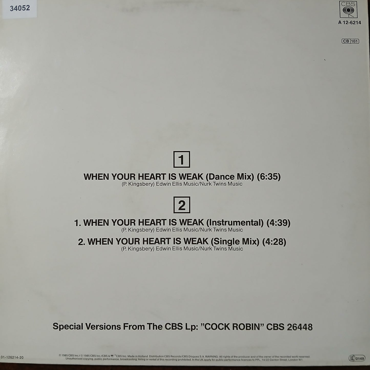 Cock Robin When Your Heart Is Weak Maxi De Epoca VG+