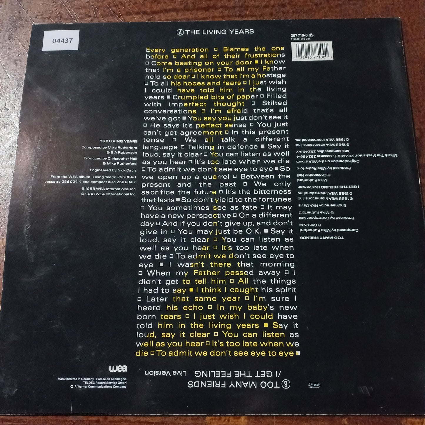 Mike and the Mechanics The Living Years Maxi De Epoca VG+