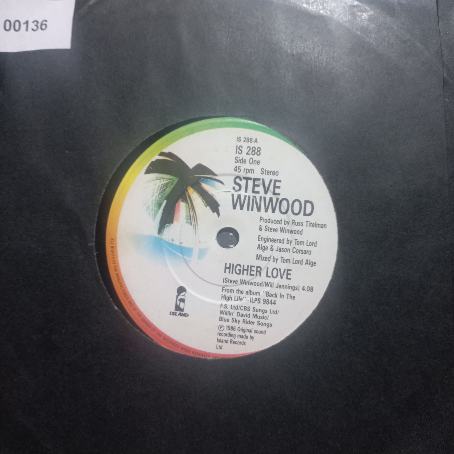 Stevie Winwood Higher Love Simple 7" 2da. Mano Usado Muy Bien + VG+