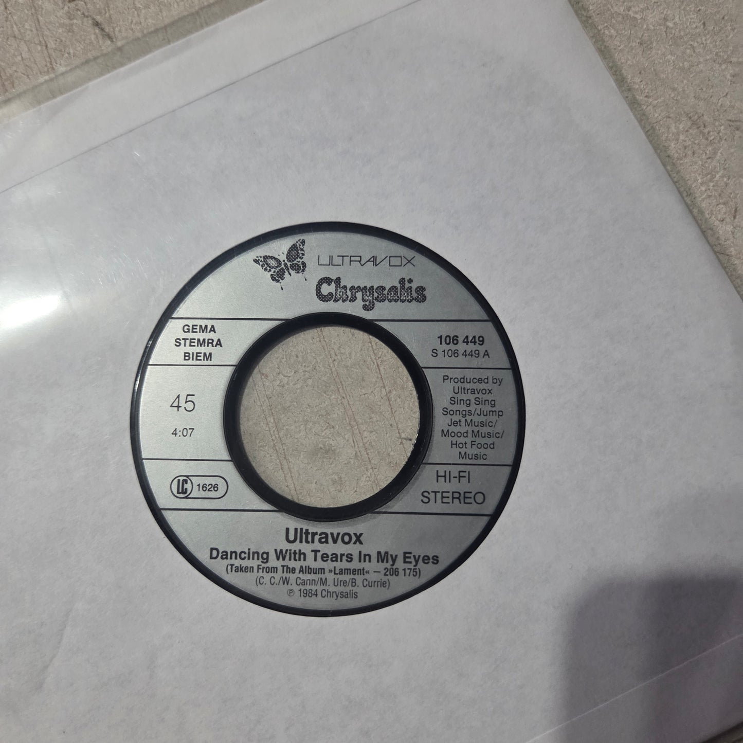 Ultravox Dancing With Tears in my Eyes Simple 7" 2da. Mano VG+