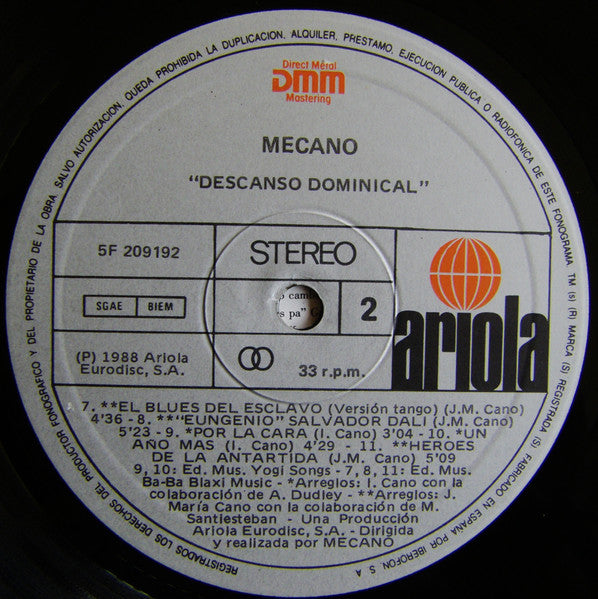 Mecano Descanso Dominical LP Nuevo